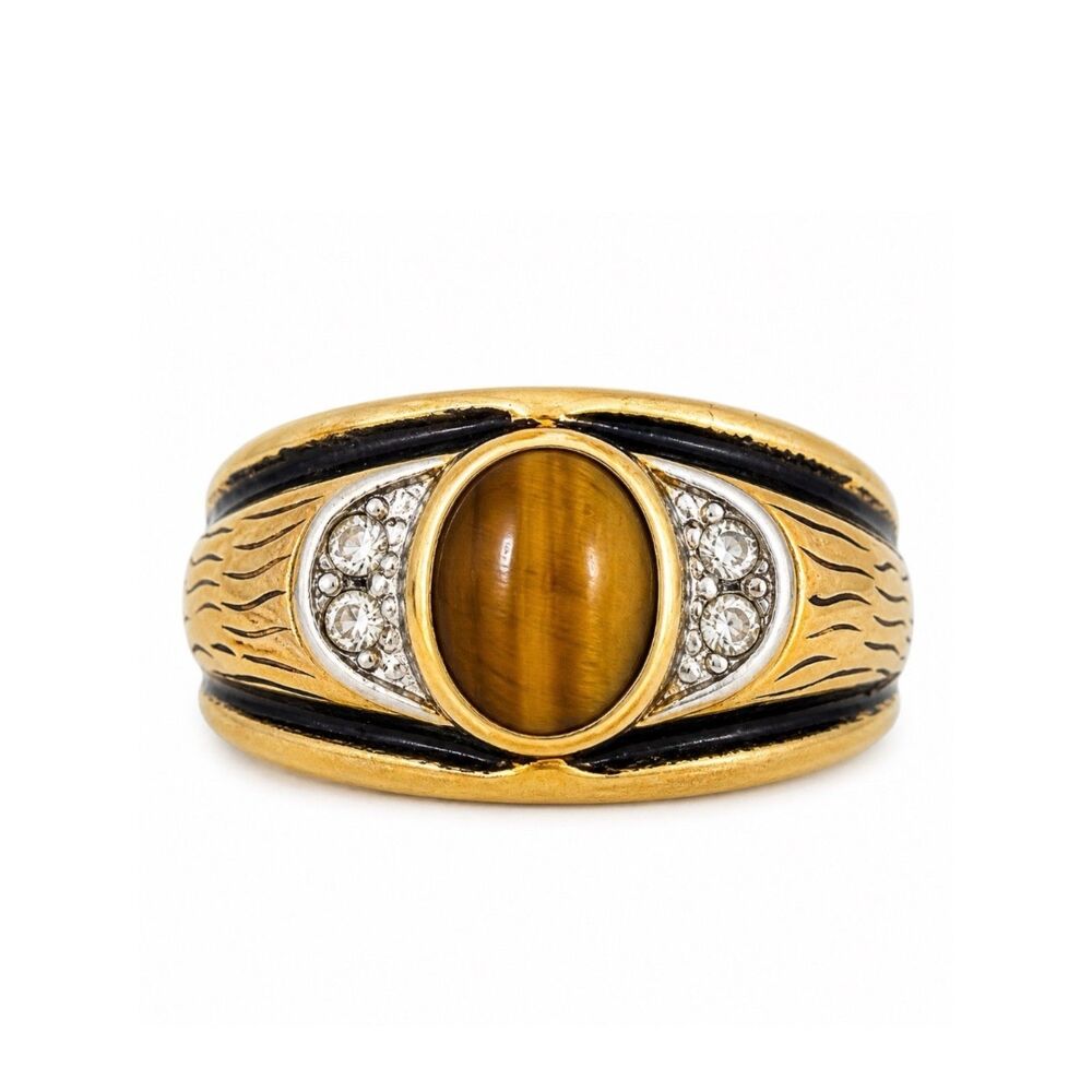 Vintage 1960s Ring Uncas Size 8 Tiger's Eye Gold Plate Mid-Century Gent's - 14N